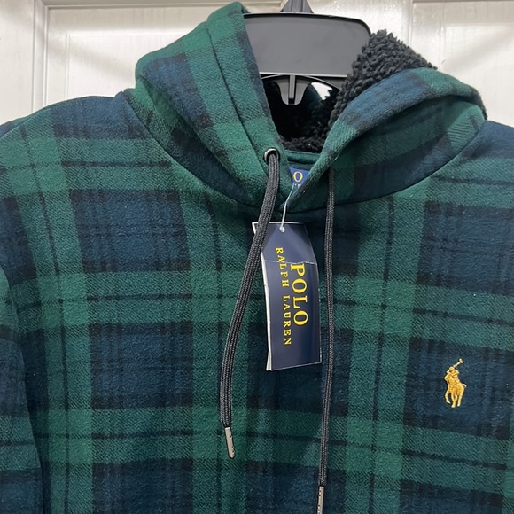 POLO RALPH LAUREN • BOY’S FLEECE BLACKWATCH PLAID HOODIE • green sherpa blue - Picture 7 of 9